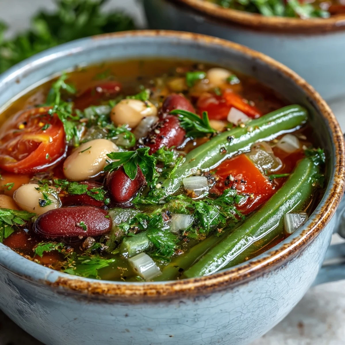 A vibrant pot of Three-Bean Salad Soup simmers on the stove, revealing a hearty mix of beans and cherry tomatoes in a rich, herb-infused vegetable broth.