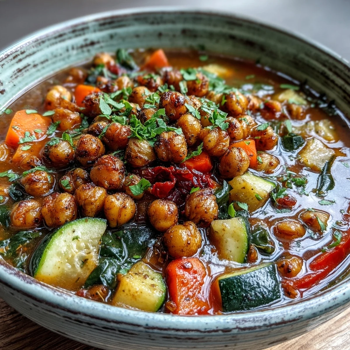 Close-up of a bowl of Spiced Chickpea and Vegetable Soup, with golden roasted chickpeas and kale in a rich red broth. 