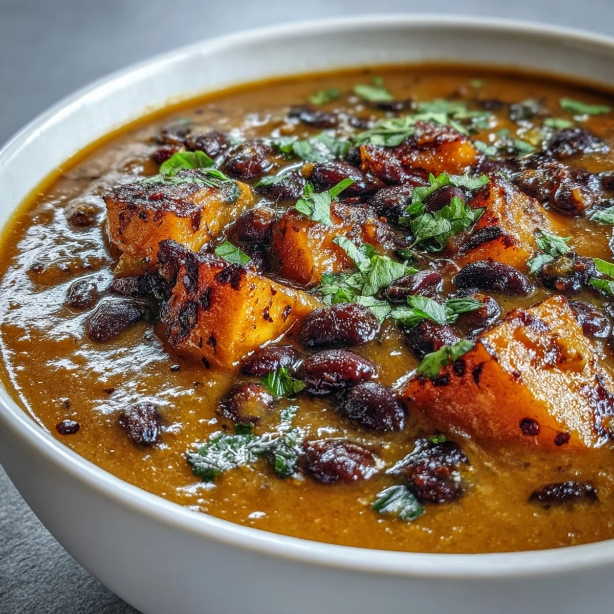 Creamy Sweet Potato and Black Bean Soup topped with fresh cilantro and avocado, served steaming in a rustic bowl with lime wedges.