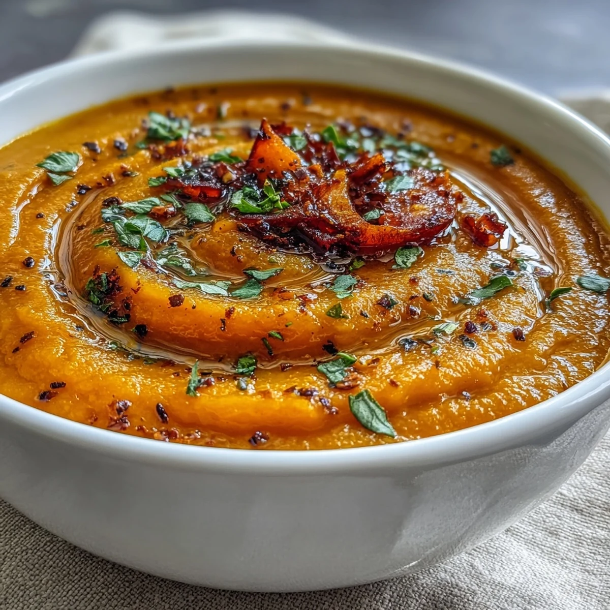 Sliced carrots, sweet potato, and red bell pepper in a creamy Roasted Vegetable Soup garnished with parsley.