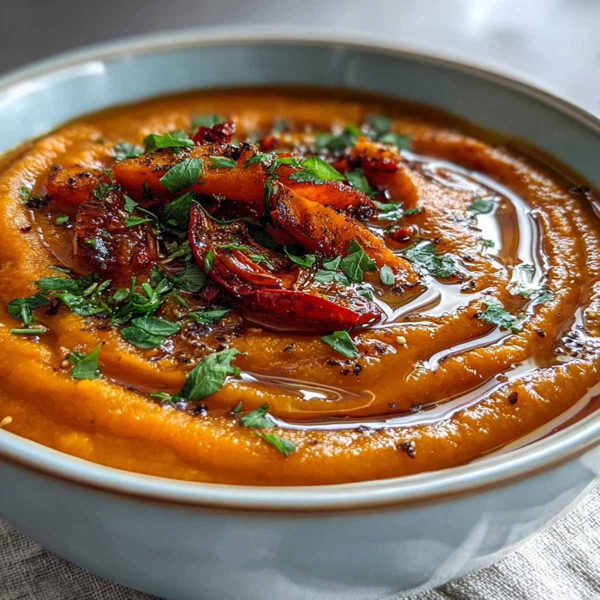 This velvety Roasted Vegetable Soup is served in a rustic bowl, topped with crunchy croutons and a drizzle of olive oil.