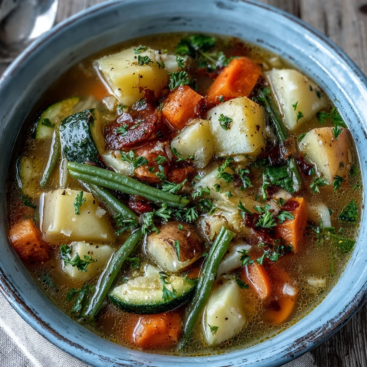 A steaming bowl of Potato and Vegetable Soup, garnished with fresh parsley, served alongside a slice of crusty bread for dipping.