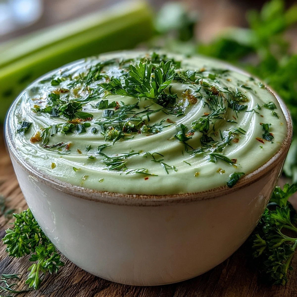 Creamy Celery and Herb Soup simmering in a pot with fresh herbs and celery.