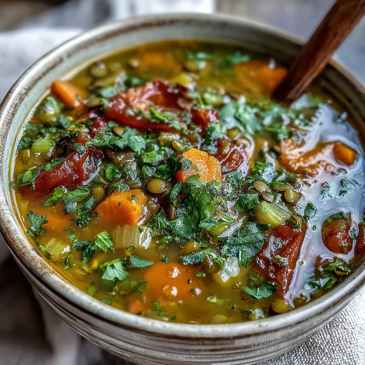 Steaming bowl of homemade Mung Bean Soup with carrots and cilantro, served with naan.