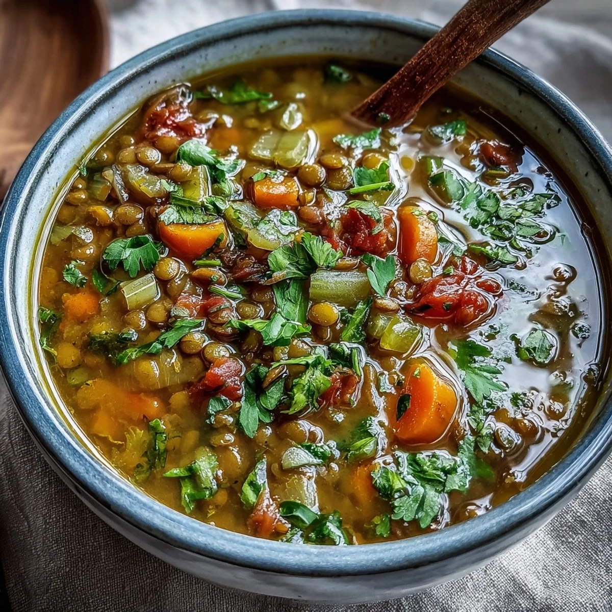 Healthy vegan Mung Bean Soup garnished with fresh cilantro and a lemon wedge.
