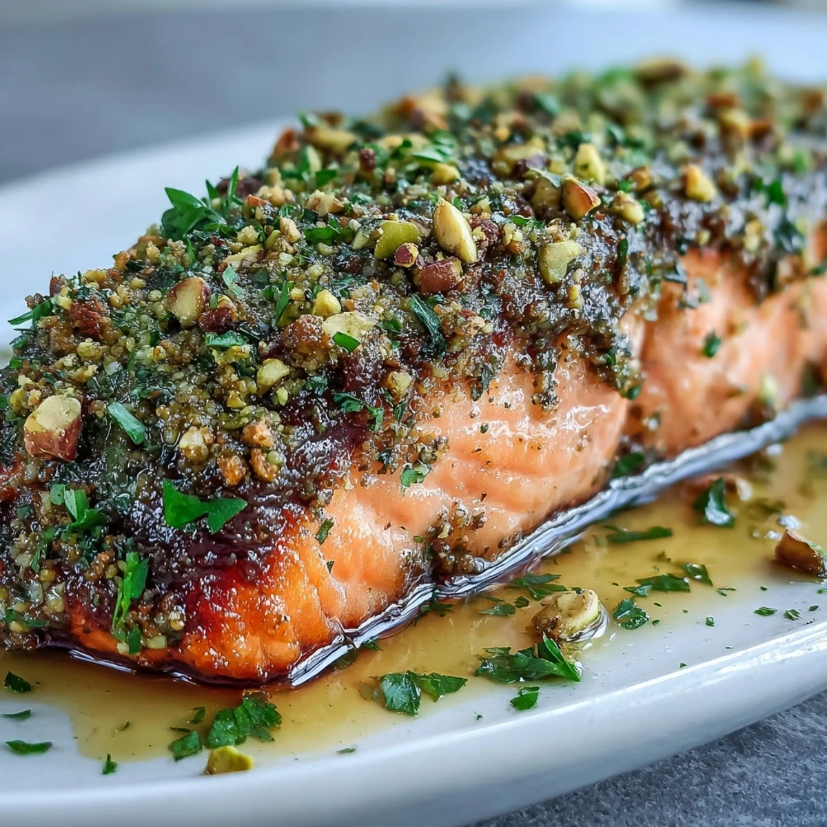 Golden-brown Confit Salmon With Tahini, Pistachio and Herb Crust rests on a white plate, garnished with fresh herbs.