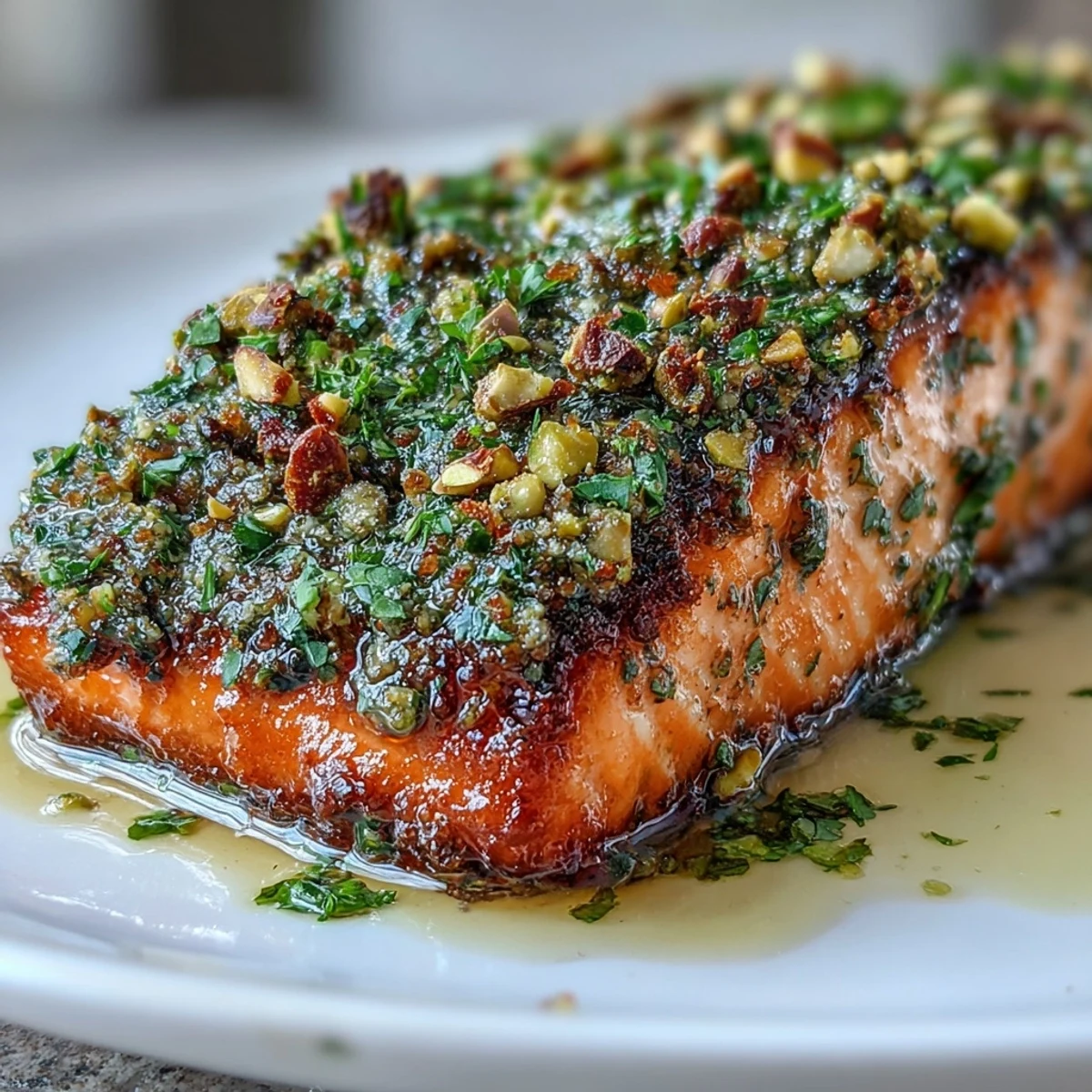 A close-up of Confit Salmon With Tahini, Pistachio and Herb Crust reveals a thick, textured green crust and tender pink flakes.