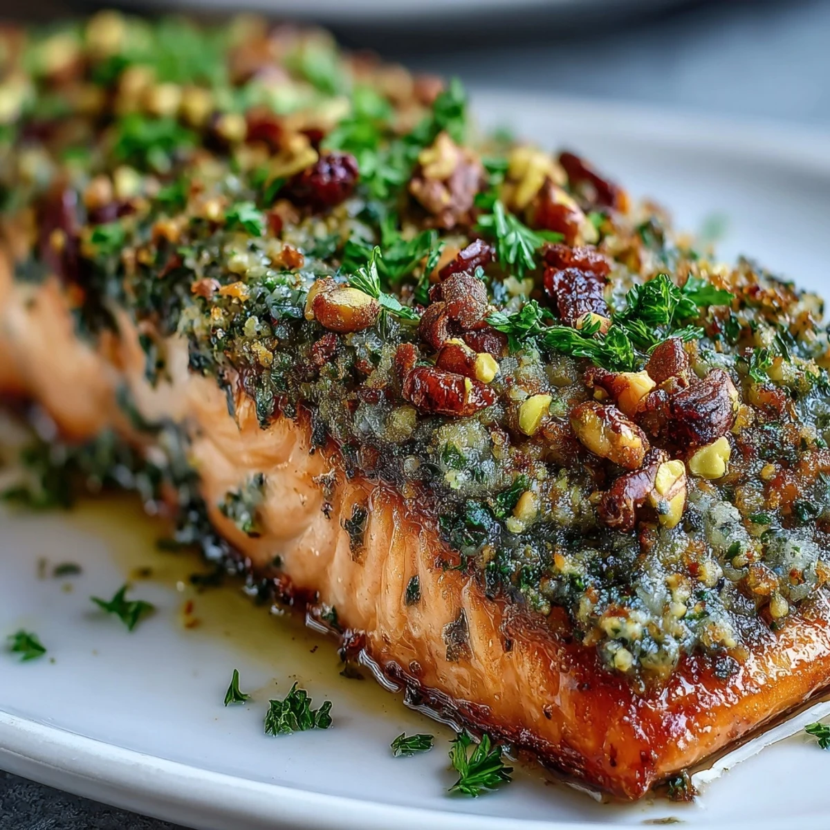 Freshly plated Confit Salmon With Tahini, Pistachio and Herb Crust, paired with lemon wedges and a vibrant side salad.