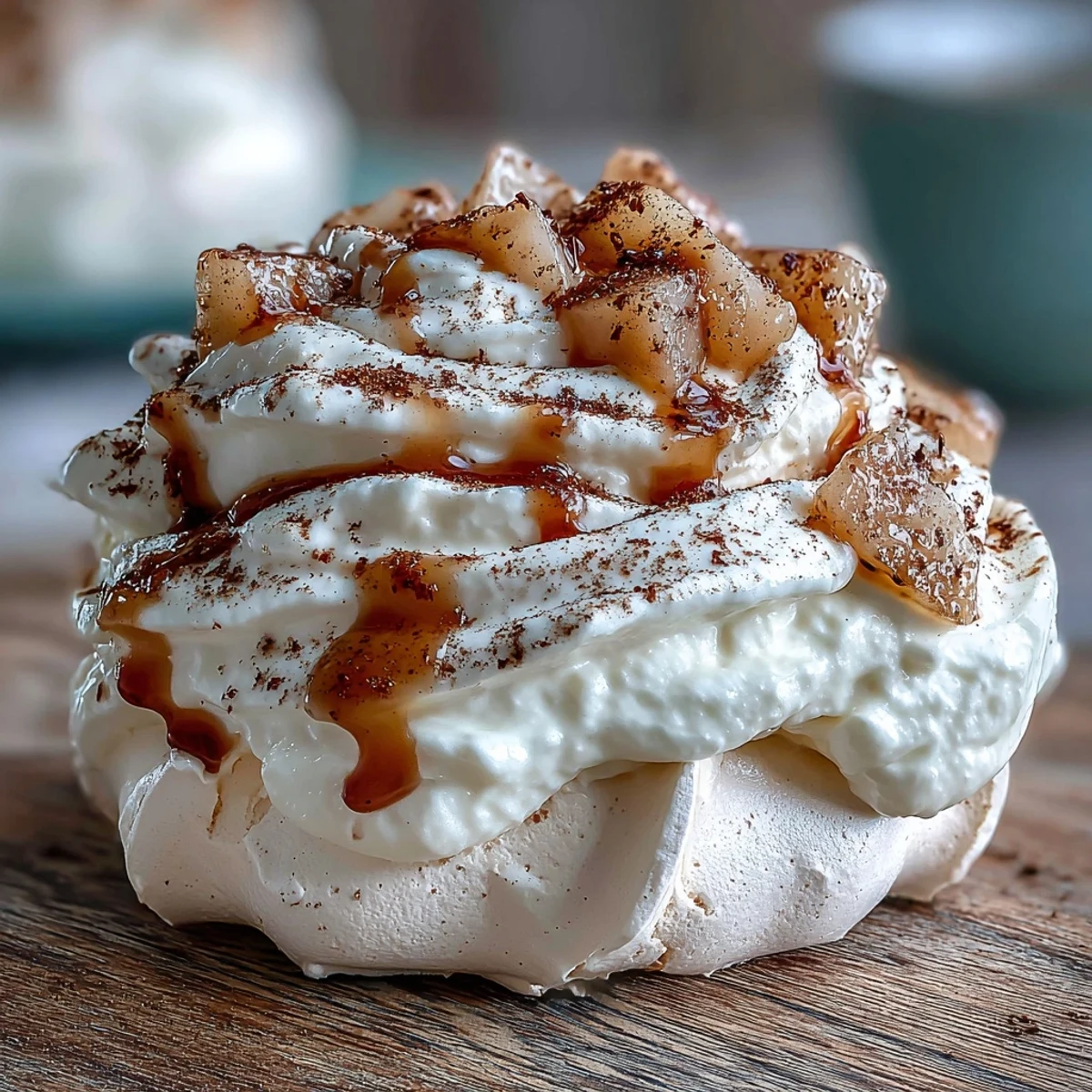 Four Mini Hot Toddy Pavlovas on a rustic plate with whipped cream and spiced whisky pears.