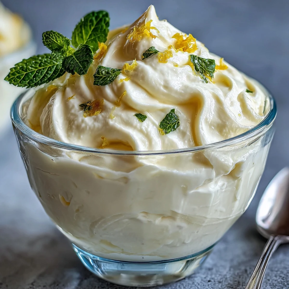 Chilled Lemon Fool in a clear glass, topped with fresh lemon zest and a crisp shortbread cookie.