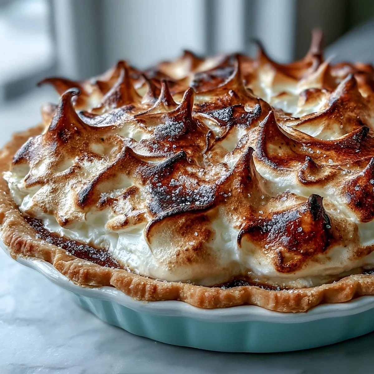 A slice of homemade Lemon Meringue Pie on a plate with a fork, showcasing golden-brown, toasted peaks and vibrant yellow filling.