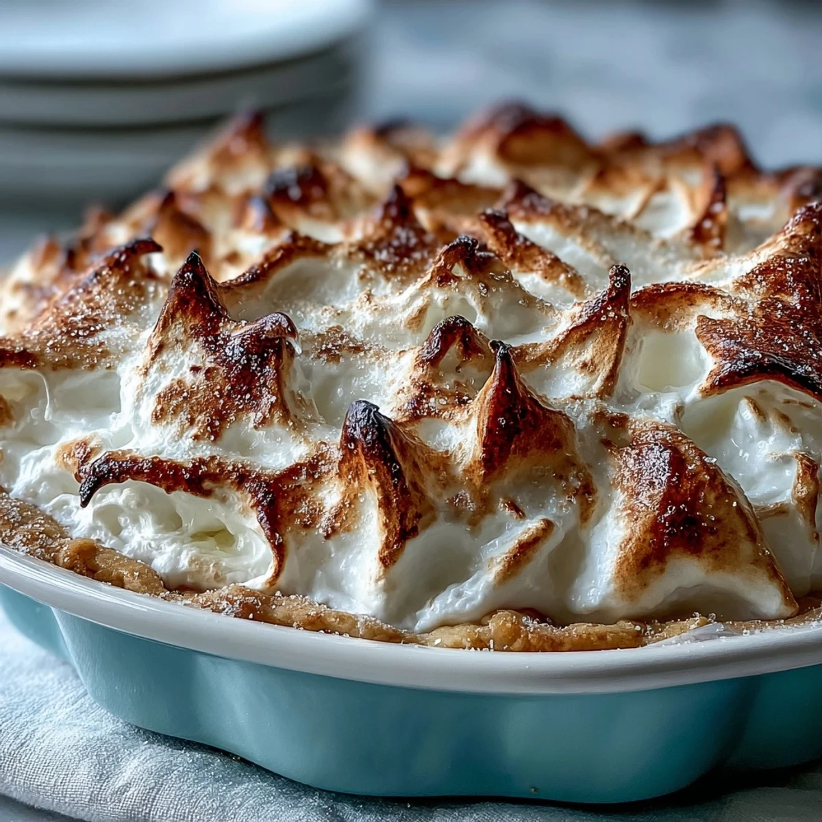 Close-up of the Lemon Meringue Pie, highlighting fluffy, cloud-like meringue and the bright, tangy lemon custard layer.