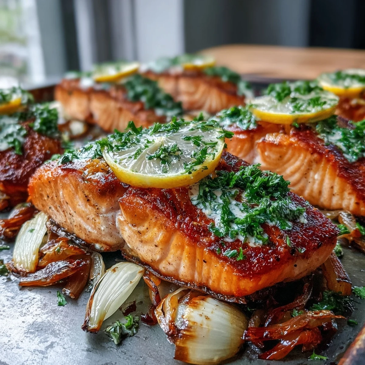 Gluten-free salmon main dish with tender roasted leeks, onions, and zesty parsley dressing, ready to serve for dinner.