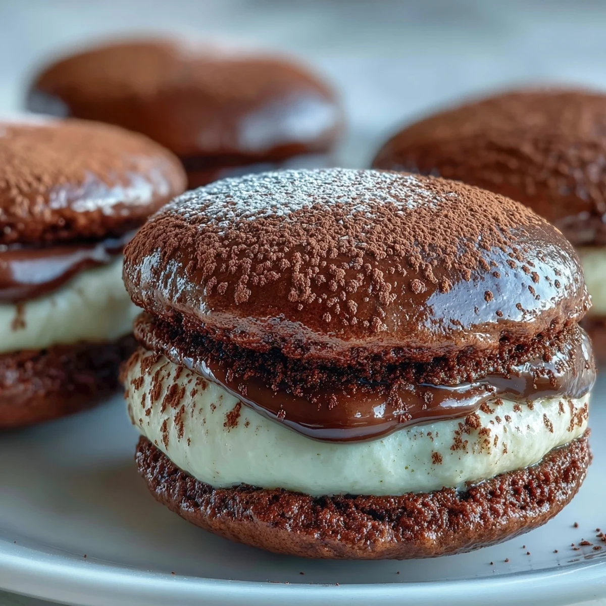 A plate of Tiramisu Whoopie Pies is ready to serve with a steaming cup of coffee.