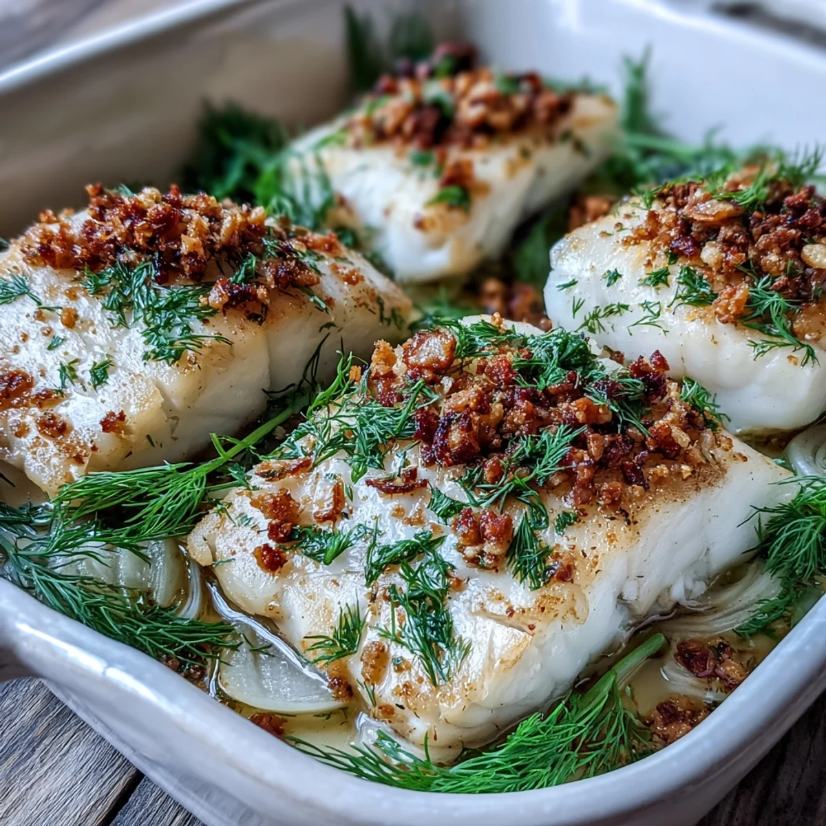 Freshly baked halibut with fennel and crunchy lemon-walnut pangrattato topping on a plate.