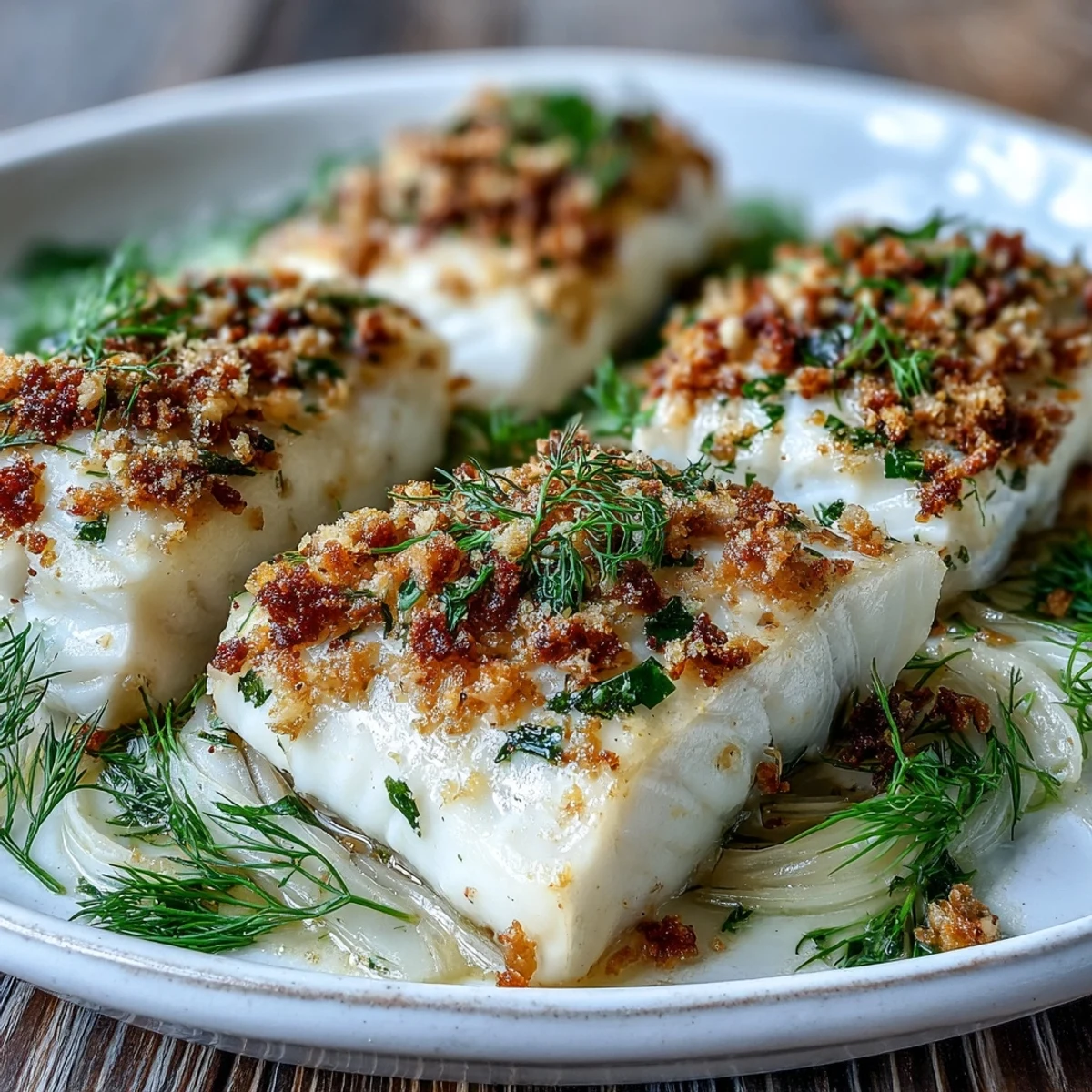 Golden walnut pangrattato topping on tender baked halibut with fennel and lemon zest.
