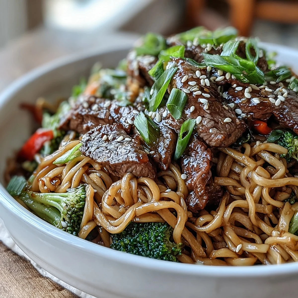Family-style Korean Beef Noodles served in a deep bowl with scallions, perfect for quick weeknight dinners.