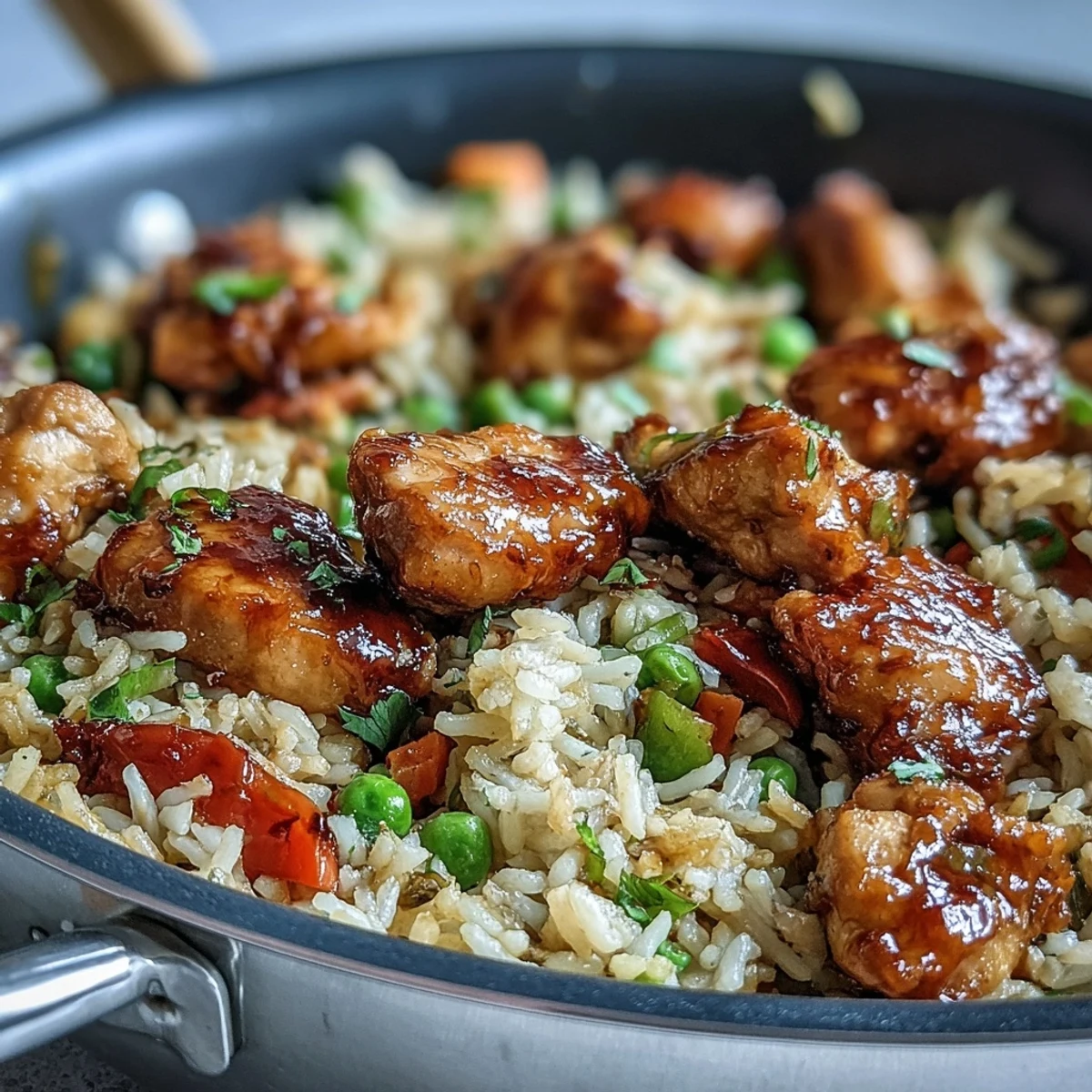 Golden glazed One-Pan Bold Honey BBQ Chicken Rice with tender chicken, fluffy rice, and vibrant steamed vegetables served fresh.