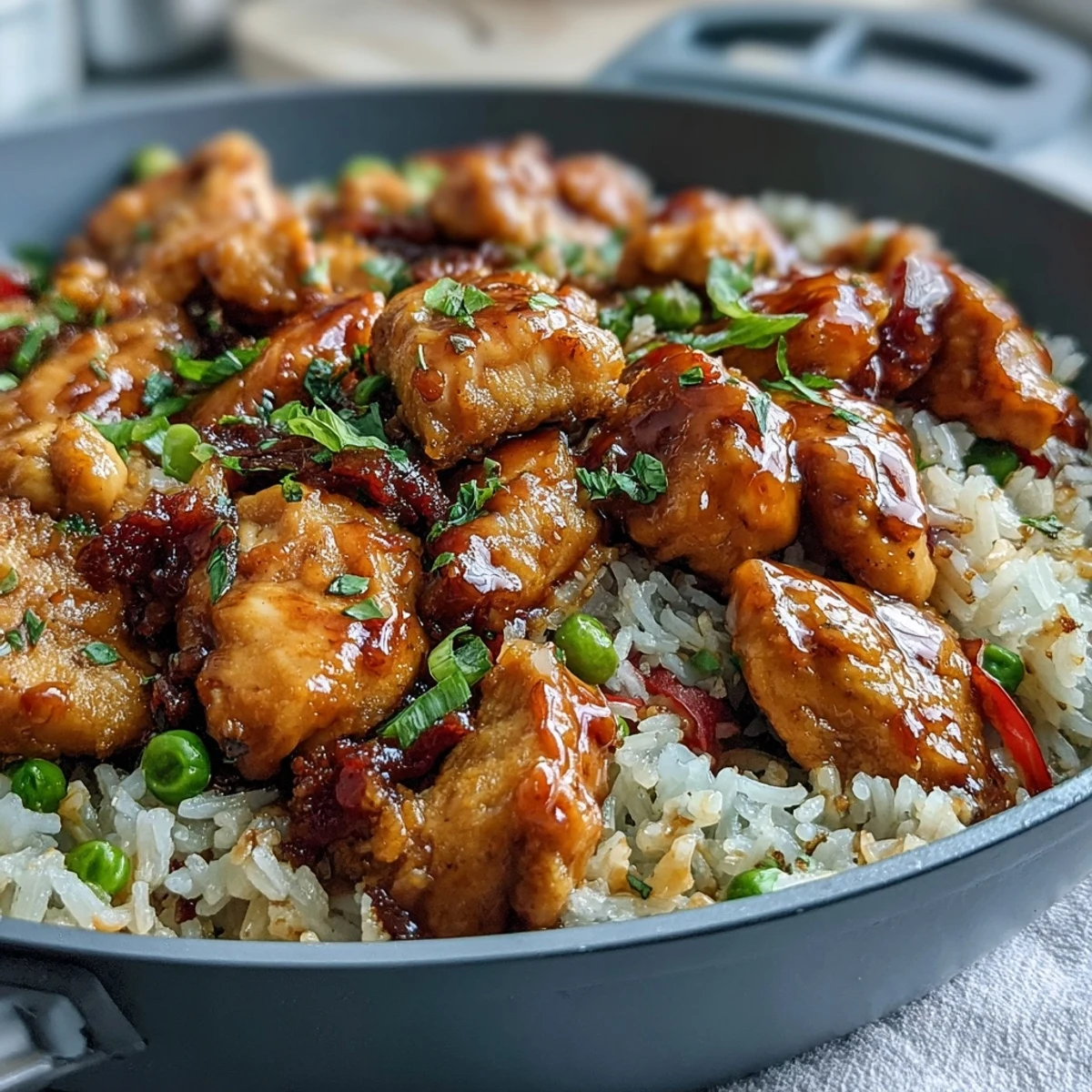Sizzling skillet of One-Pan Bold Honey BBQ Chicken Rice garnished with green peas and carrots, perfect for weeknight dinner.