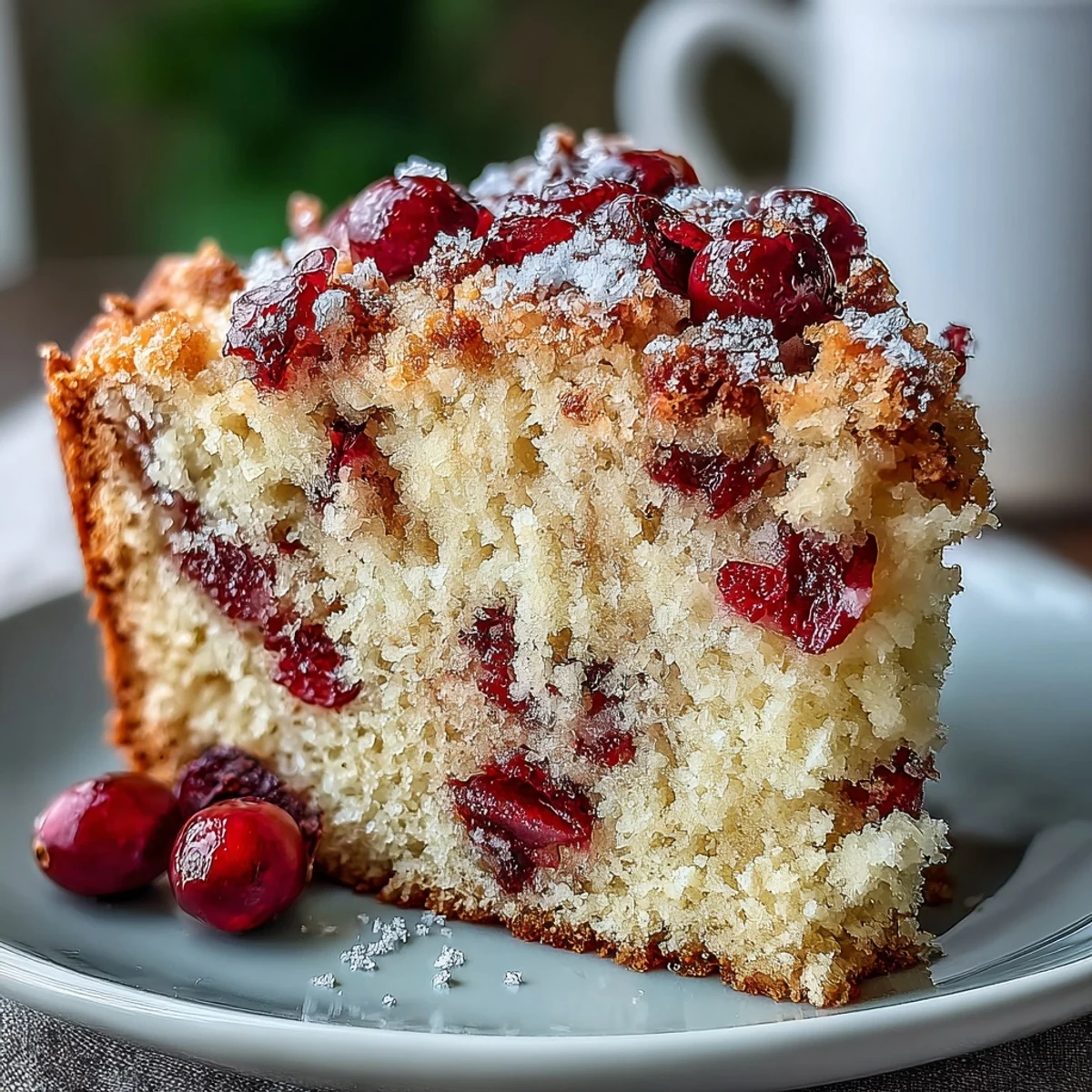 A freshly baked Cranberry Orange Breakfast Cake sits on a wire rack, dusted with powdered sugar, revealing a tender crumb and vibrant red cranberries.