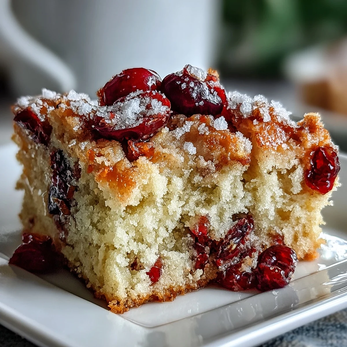A warm Cranberry Orange Breakfast Cake rests in a round pan, inviting you to slice into this sweet and tangy morning treat.