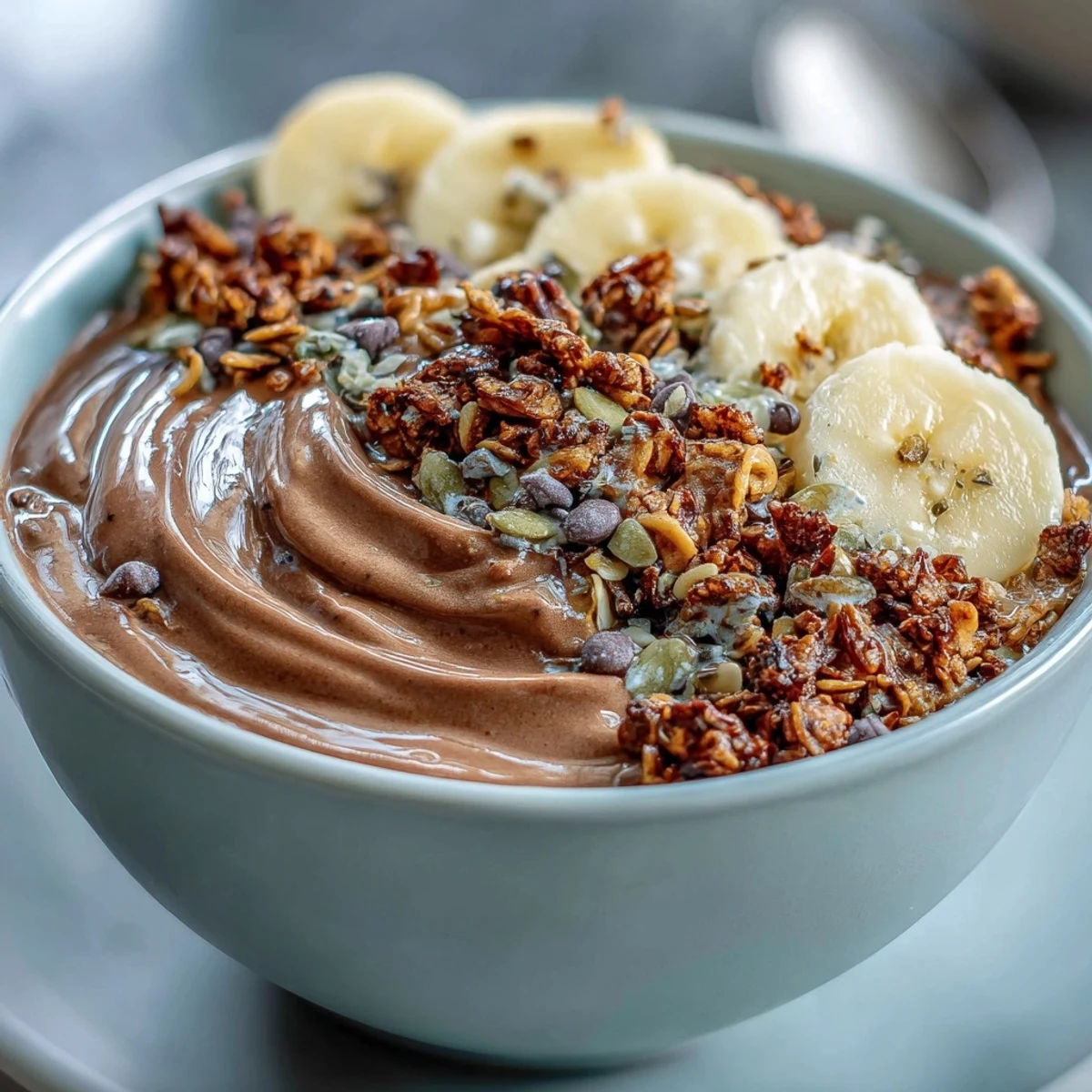 Chunky Monkey Smoothie Bowls are topped with sliced bananas, granola, and cacao nibs in a white bowl.