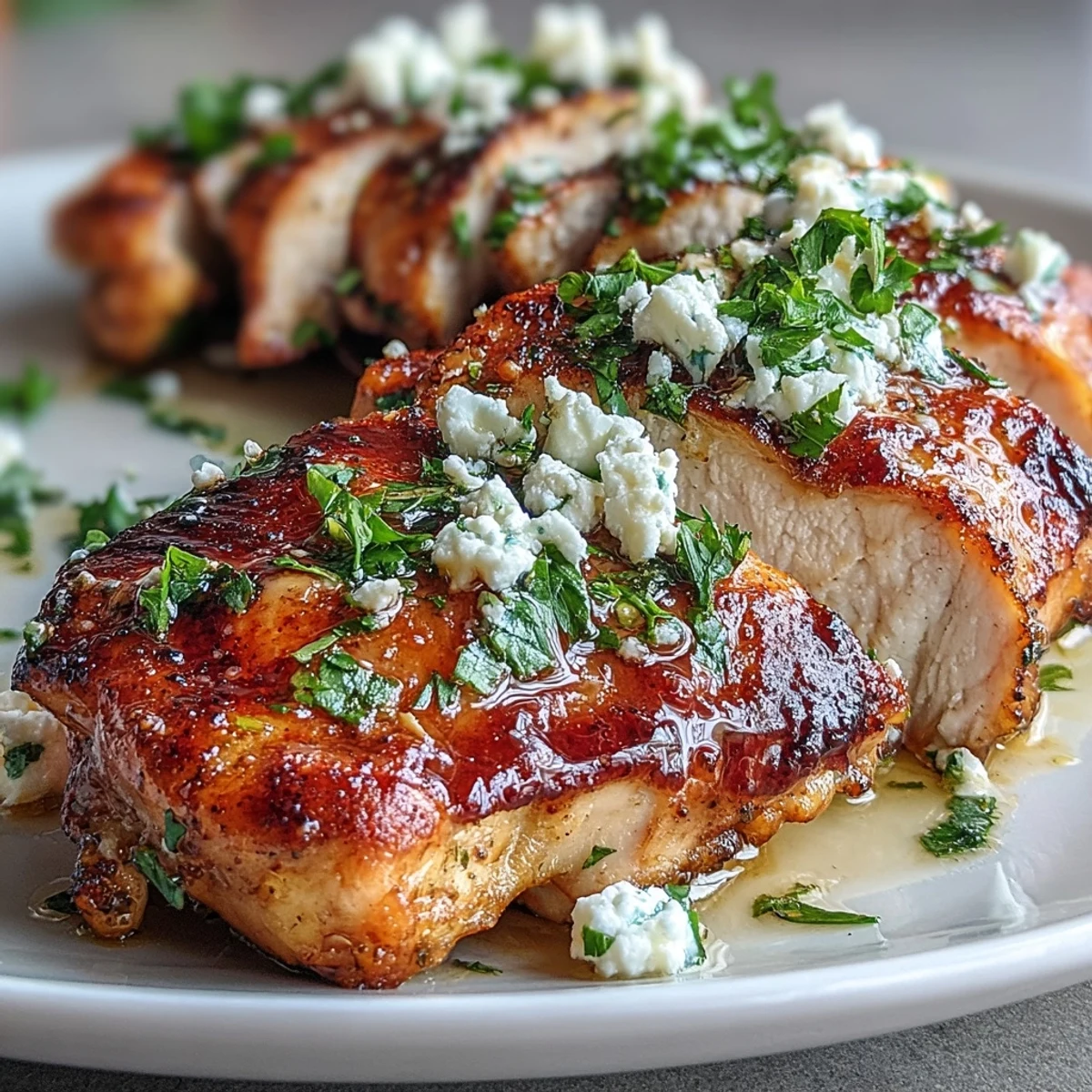 Golden-brown Greek Chicken with Lemon and Feta sizzling in a skillet with fresh parsley and lemon wedges.