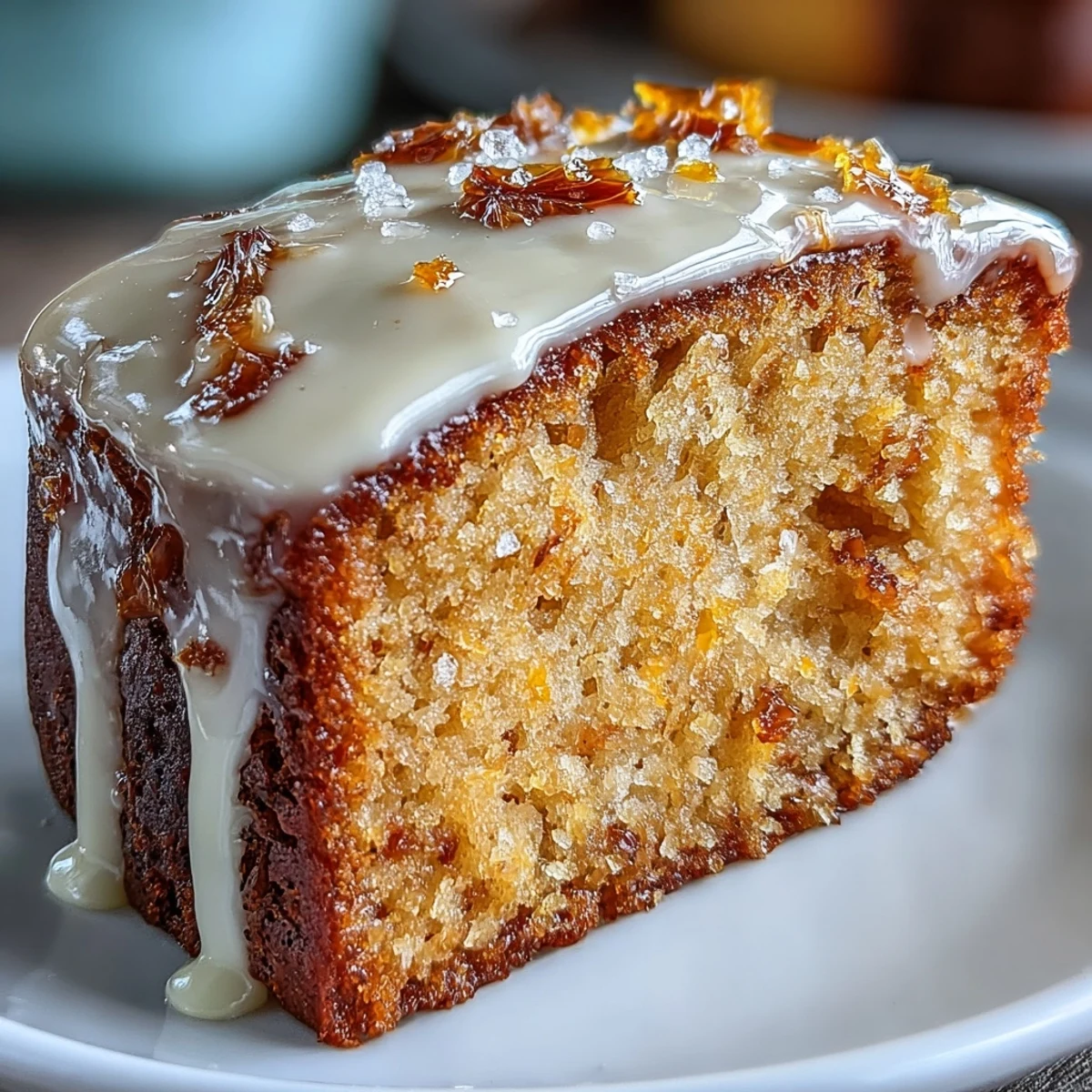 Freshly baked Heavenly Blood Orange Yogurt Cake, sliced to reveal its moist, tender crumb, with vibrant citrus zest visible in the batter.