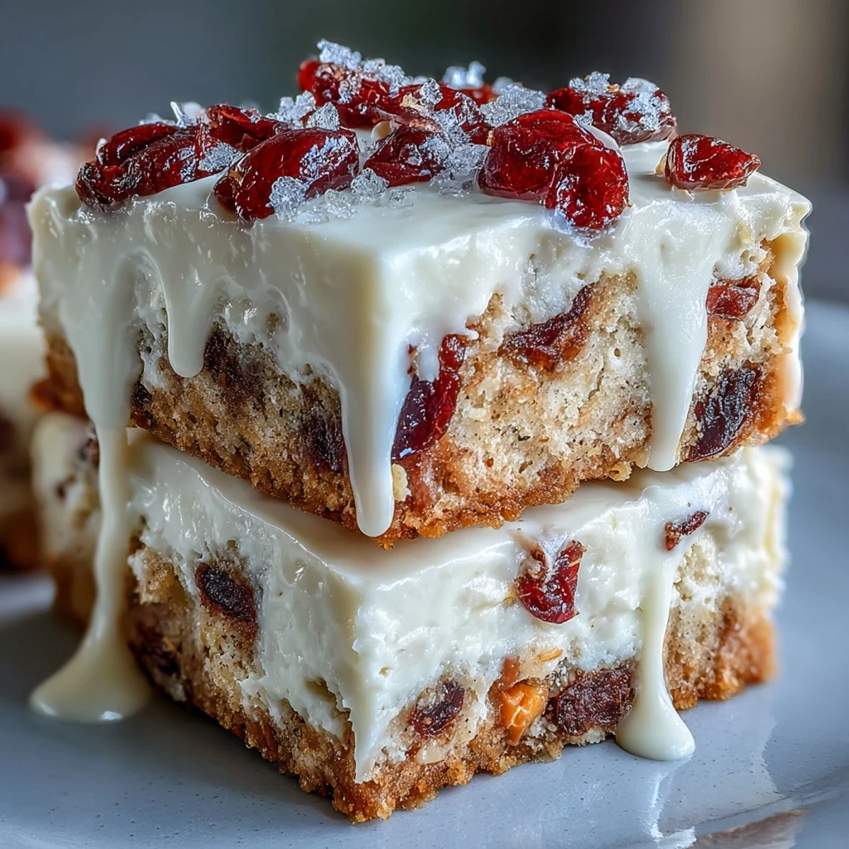 Freshly baked Cranberry Bliss Bars display cranberry-studded bars with zesty orange cream cheese frosting and white chocolate drizzle on a cooling rack.