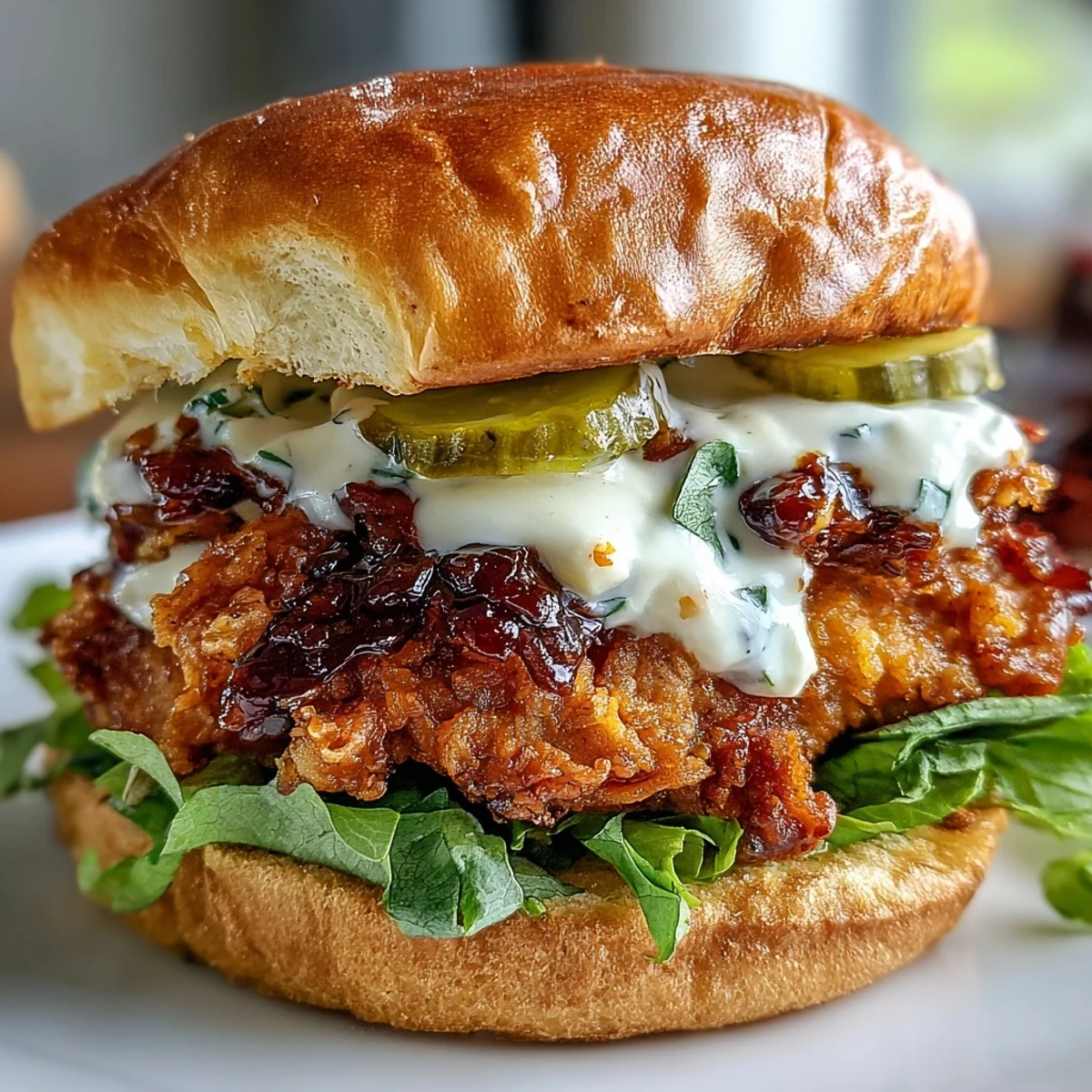 Golden fried chicken sandwich with creamy homemade sauce, perfect for game day or dinner.