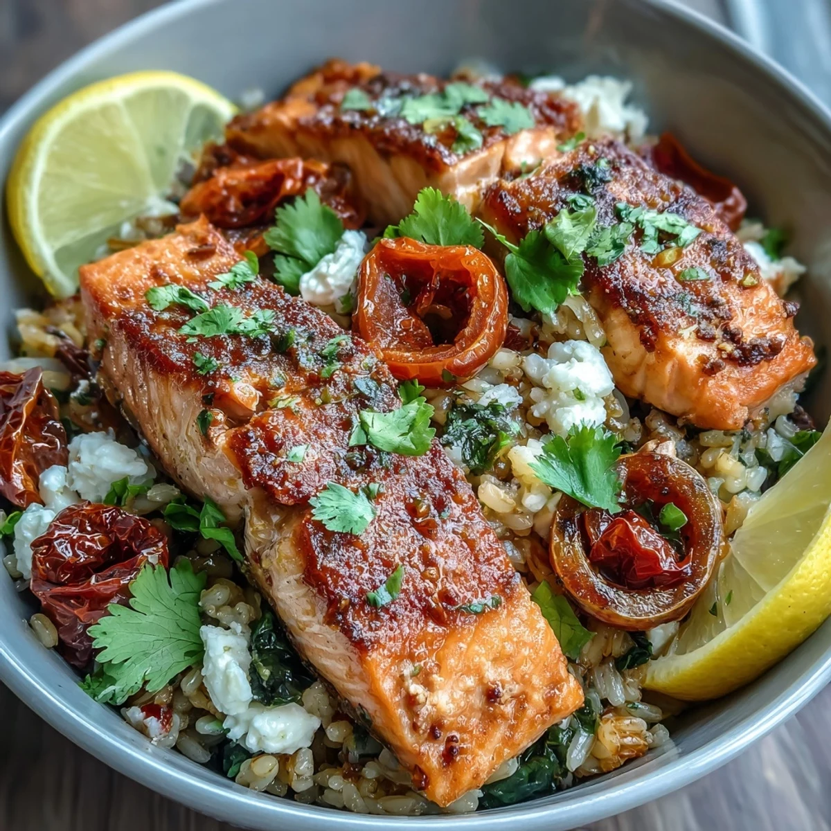 Fork-tender pan-seared salmon rests on crispy rice in this vibrant Mediterranean Salmon Bowl with colorful peppers and feta.