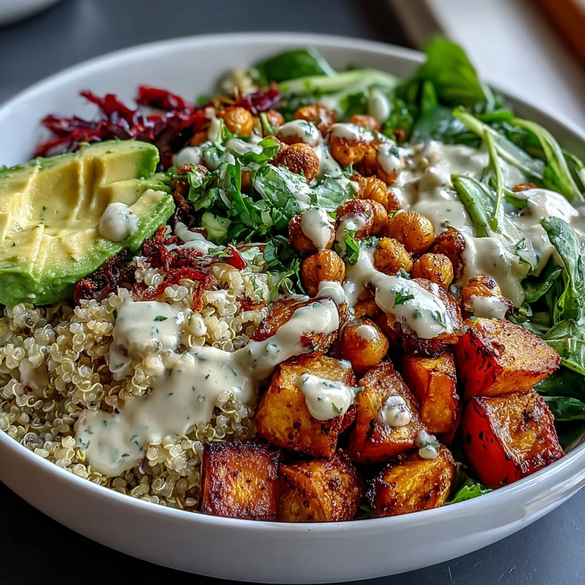 Colorful vegan Buddha Bowl with quinoa, roasted sweet potatoes, crispy chickpeas, avocado, and greens finished with a drizzle of garlic tahini dressing.