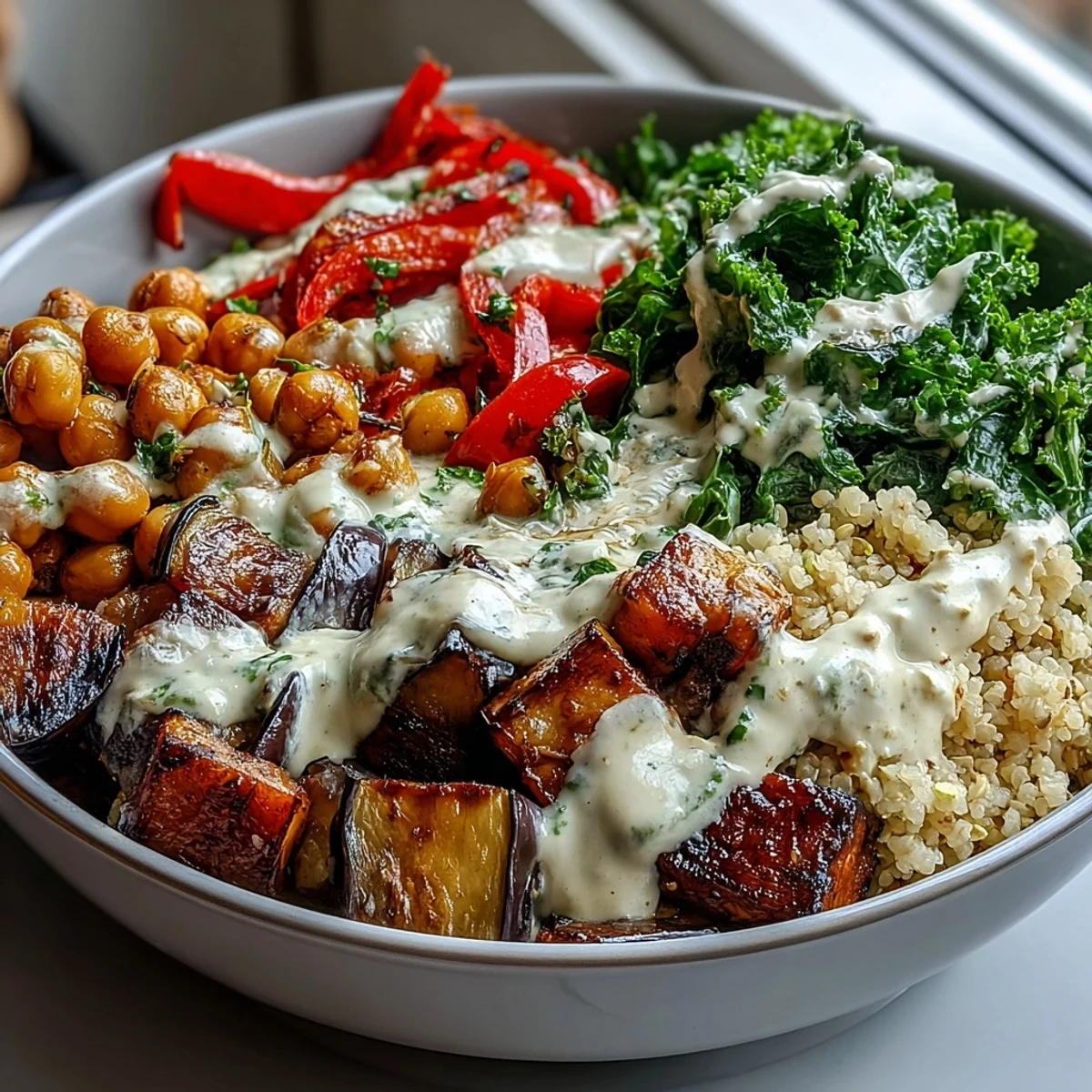A vibrant Mediterranean Buddha Bowl Meal Prep with roasted eggplant, zucchini, and red pepper over fluffy bulgur, topped with chickpeas and drizzled in creamy tahini dressing.