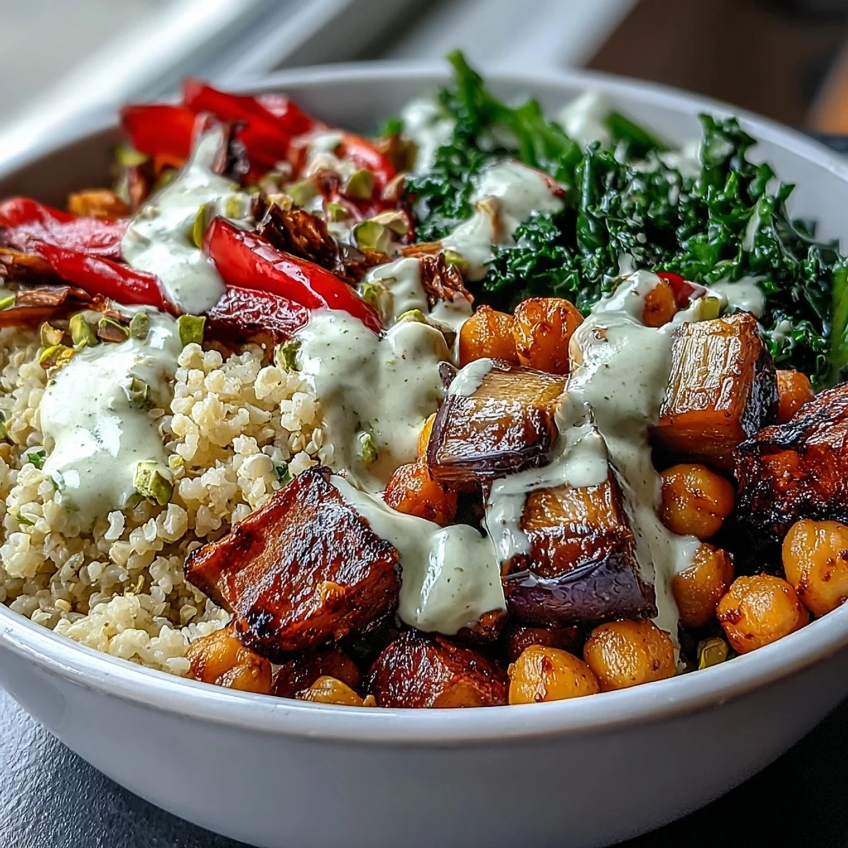 A nourishing Mediterranean Buddha Bowl Meal Prep with warm bulgur pilaf, spiced chickpeas, and bright lemon-tahini dressing, perfect for a satisfying vegetarian dinner.