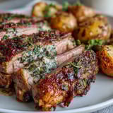 A close-up of succulent lamb chops sliced and served with crispy potatoes tossed with green olives, parsley, and lemon zest. 