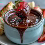 Rich Boozy Chocolate Fondue in a fondue pot, ready for dipping apples and pretzels.