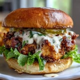 Juicy spicy chicken sandwich stacked with lettuce, pickles, and tomato, ready to serve hot.