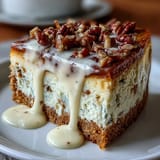 Carrot Cake Cheesecake Bars with creamy swirl and cream cheese frosting on a dessert platter.