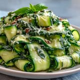 Refreshing Shaved Zucchini Ribbon Salad with Lemon and Parmesan, topped with fluffy shaved cheese.