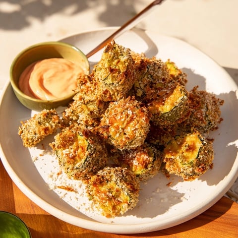 Golden crispy baked zucchini rounds ready to eat, served alongside a creamy, vibrant spicy mayo.