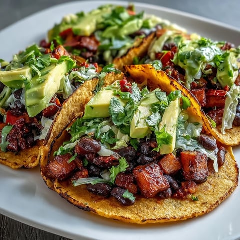 Vibrant black bean and sweet potato tacos loaded with colorful veggies and fresh cilantro.