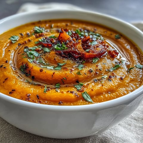 Sliced carrots, sweet potato, and red bell pepper in a creamy Roasted Vegetable Soup garnished with parsley.