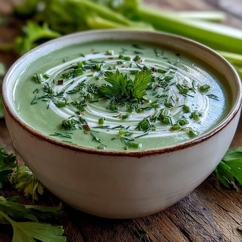 A warm bowl of Creamy Celery and Herb Soup garnished with fresh parsley and chives.