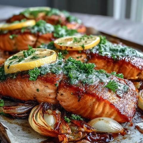 Golden-brown roasted salmon fillets with leeks and red onion wedges, topped with vibrant green parsley dressing on a white platter.