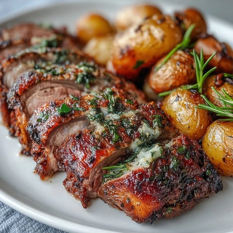 Golden brown rack of lamb and green olive potatoes roast together on a single baking tray, perfect for a romantic dinner. 