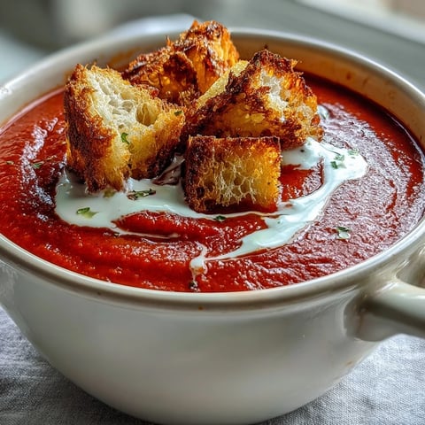 Roasted Red Pepper Soup With Crispy Croutons in a rustic bowl, steam rising, topped with golden, crunchy croutons.