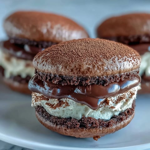 Golden-brown Tiramisu Whoopie Pies with rich cocoa-dusted tops are stacked on a rustic wooden board.
