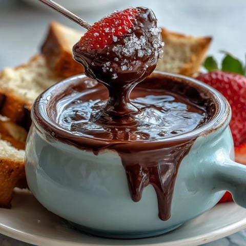 Creamy Boozy Chocolate Fondue melts smoothly, served with strawberries, marshmallows, and pound cake cubes.