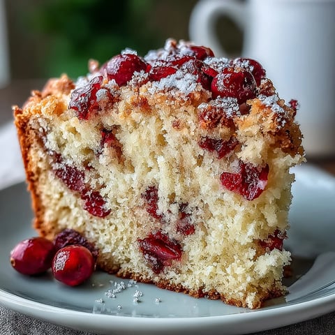 A freshly baked Cranberry Orange Breakfast Cake sits on a wire rack, dusted with powdered sugar, revealing a tender crumb and vibrant red cranberries.
