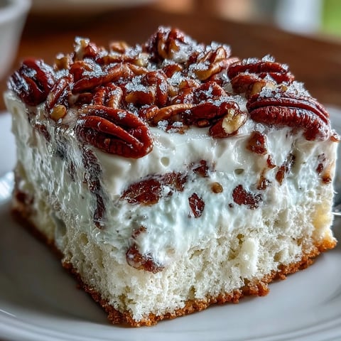 A slice of Butter Pecan Tres Leches Cake shows soaked sponge and whipped cream.